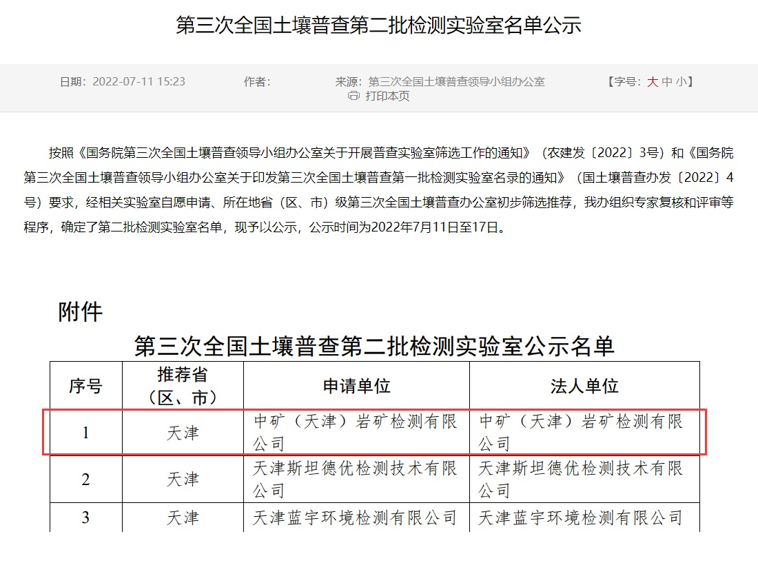 28quan官网（天津）岩矿检测有限公司入选第三次全国土壤普查实验室名录